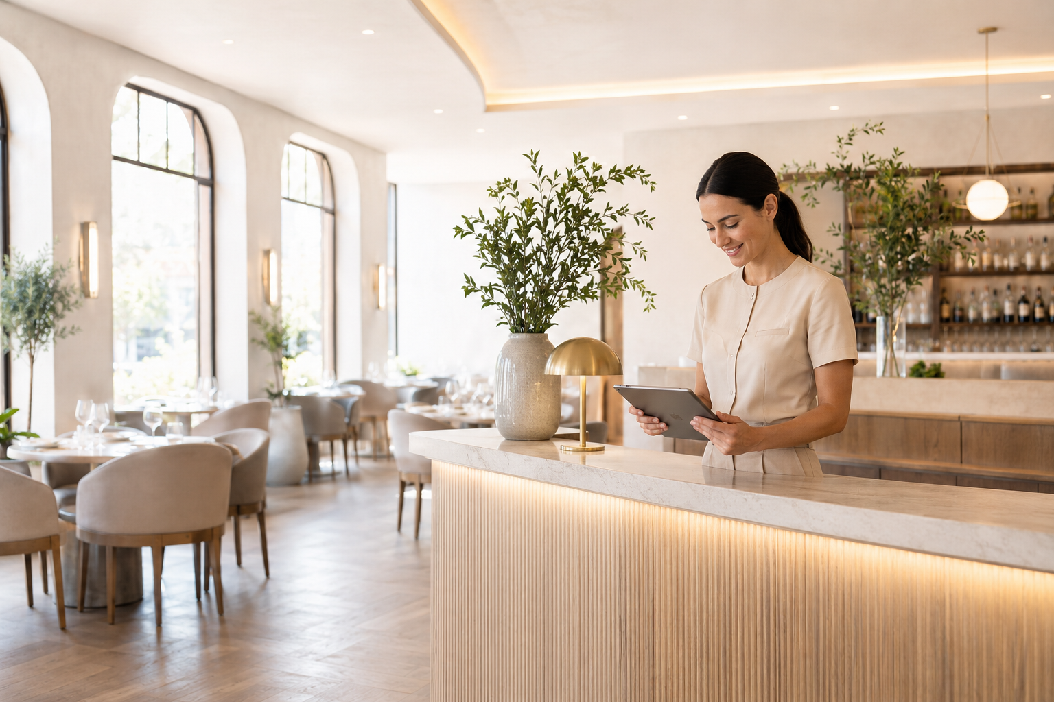 Hostess egy tableten kezeli a napi foglalásokat egy elegáns recepciónál