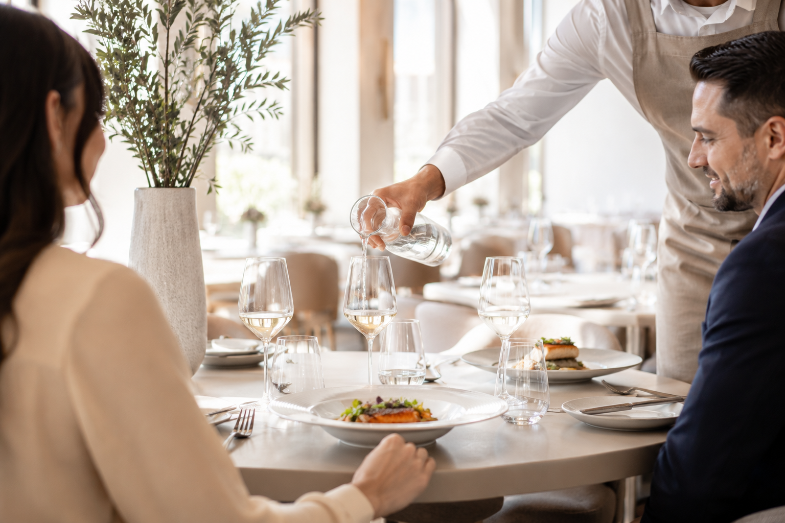 Sommelier bort tölt egy fiatal pár asztalánál egy elegáns étteremben